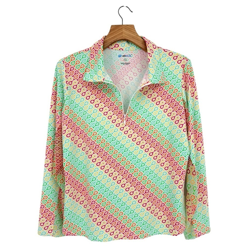 IBKUL Mesh Stretch Collared Quarter Zip Long Sleeve Golf Top in Retro Print XL